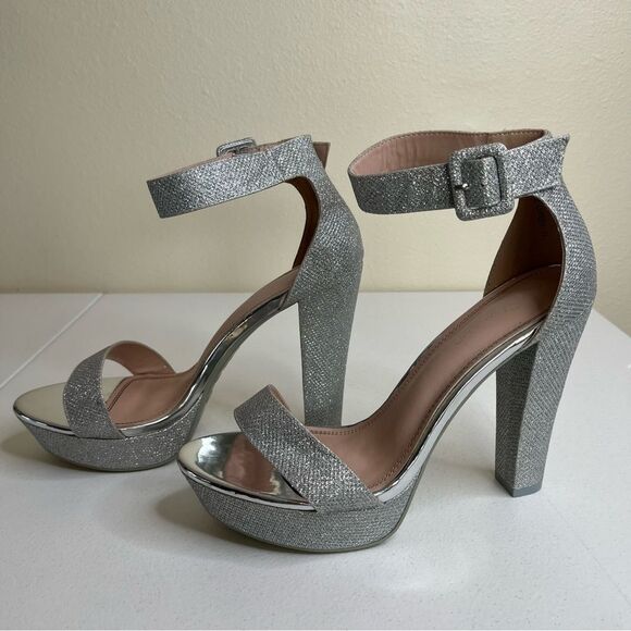 ShoeLand Cutesy Silver Sparkly Metallic Platform Ankle Strap High Heel Womens 11 - Picture 3 of 15
